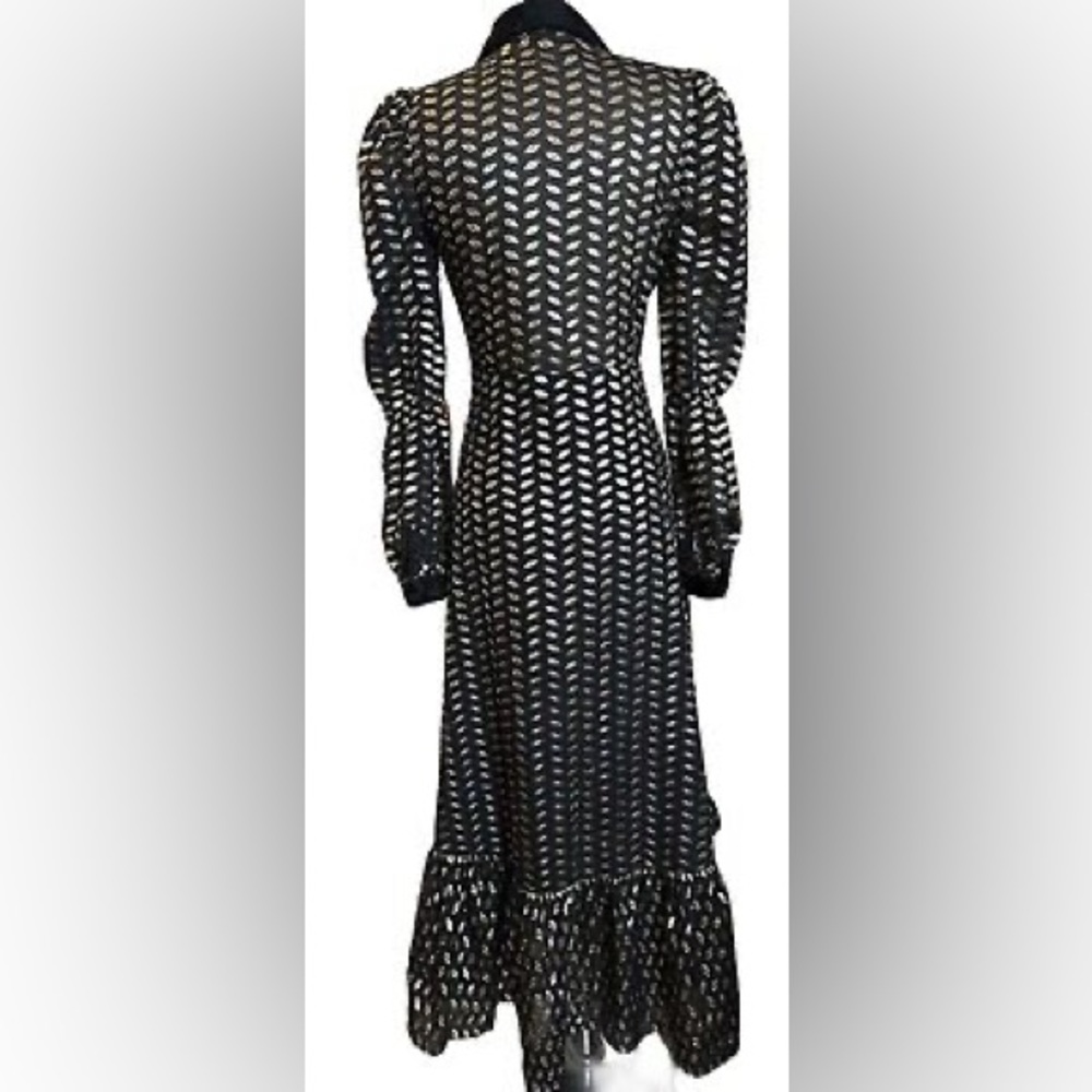 Zara Puff Long Lantern Sleeve Gold Leaf On Black Maxi Dress XS - Picture 13 of 16
